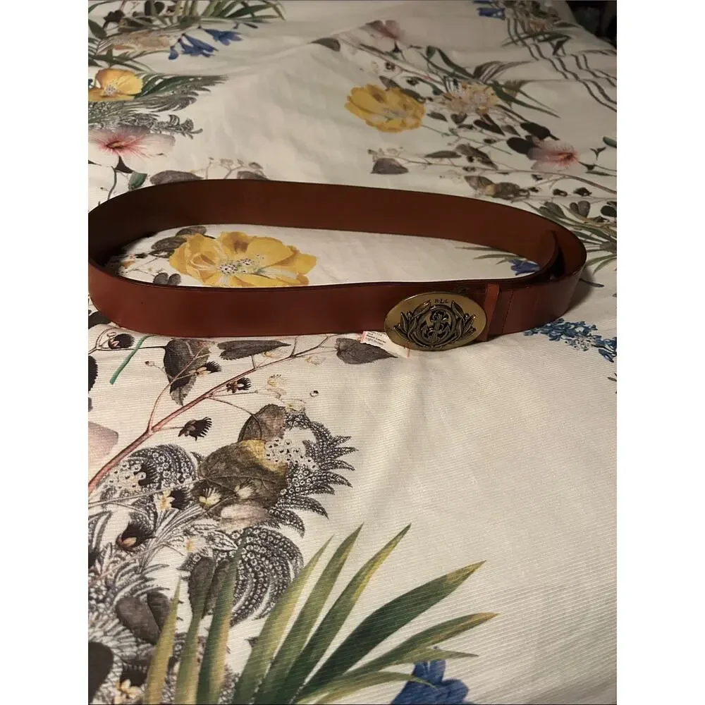 VTG Ralph Lauren Tan Leather Belt Brass Anchor Emblem Buckle XL